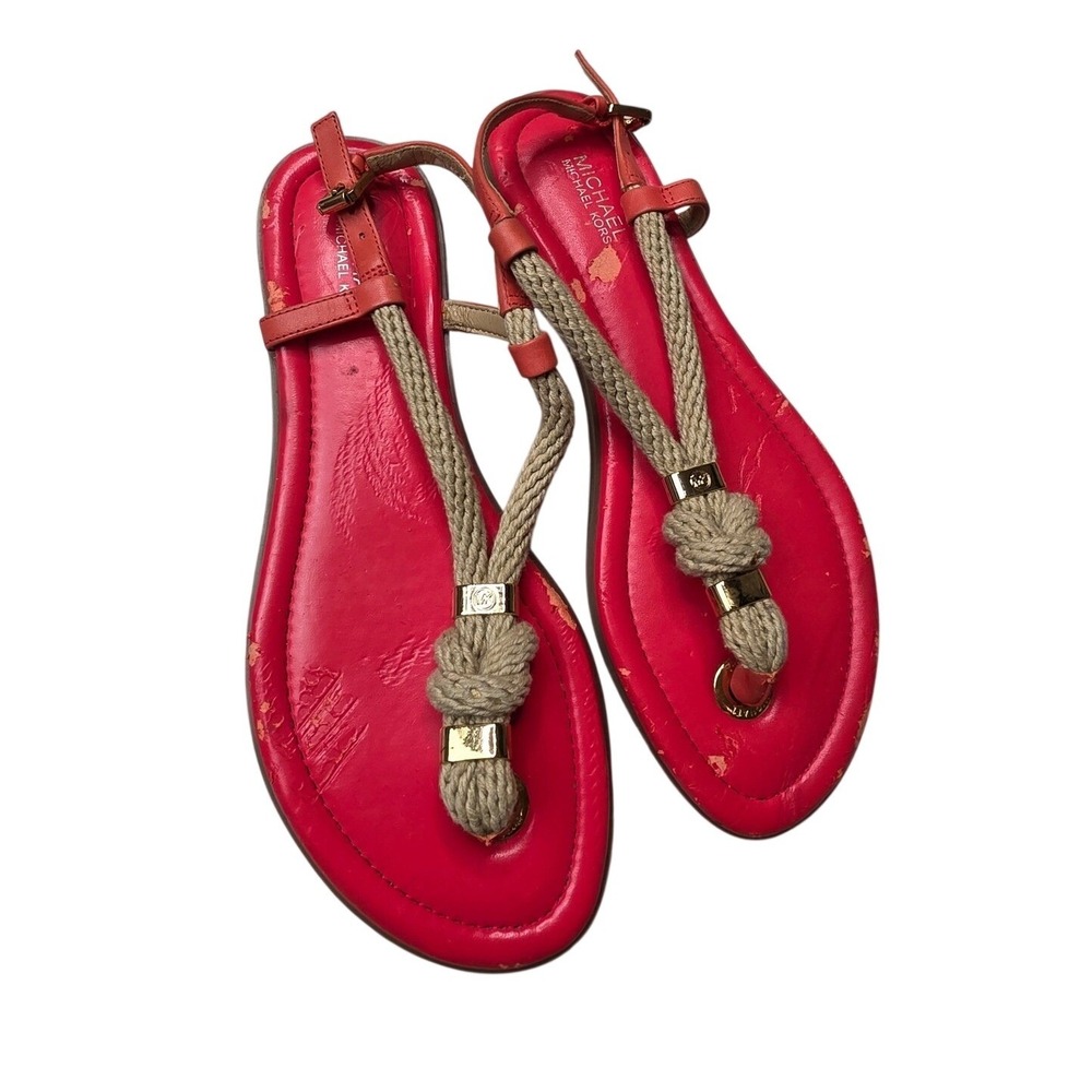 Michael Kors Coral Red Rope T-Strap Flat Sandals Gold Hardware Women's Size 7 A2